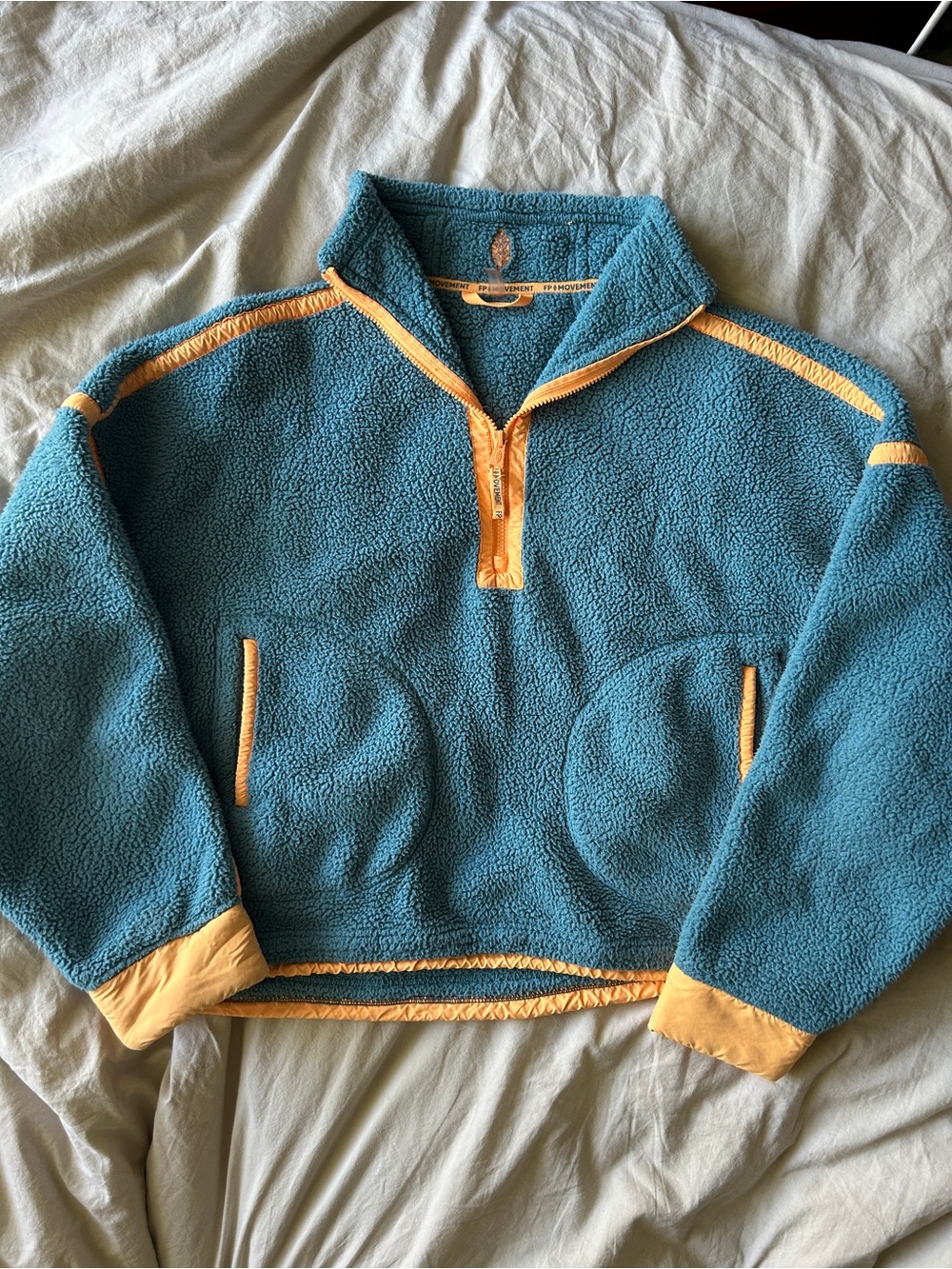 Free People Teal and Yellow Half-Zip Sherpa Pullover Sweater Large